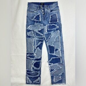 BoohooMAN Patchwork Jeans Fringed Frayed Blue Denim Button Fly Mens 30